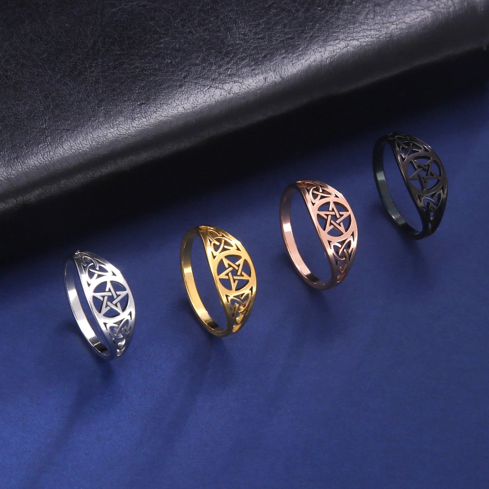 LIKGREAT Gothic Celtics Knot Pentagram Ring Women Men Stainless Steel Supernatural Wicca Amulet Rings Couple Witch Jewelry Gifts