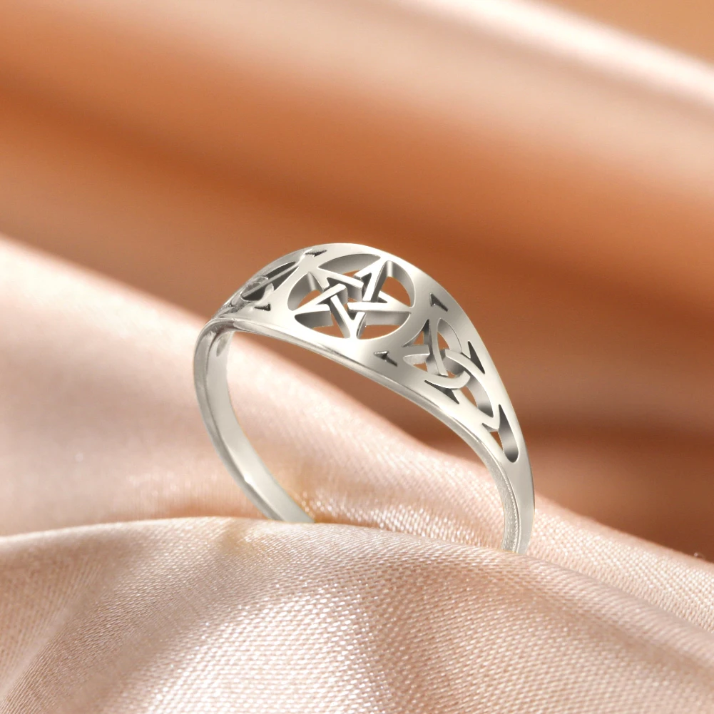 LIKGREAT Gothic Celtics Knot Pentagram Ring Women Men Stainless Steel Supernatural Wicca Amulet Rings Couple Witch Jewelry Gifts