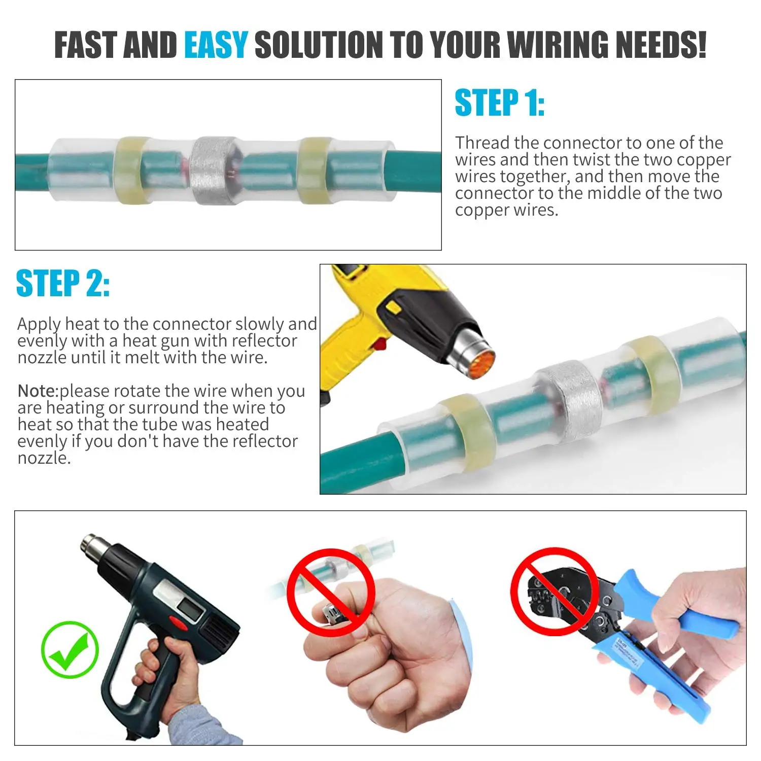 50-1000Pcs Solder Seal Wire Connectors Heat Shrink Waterproof Solder Butt Connectors Solder Connector Kit Auto Marine Insulated