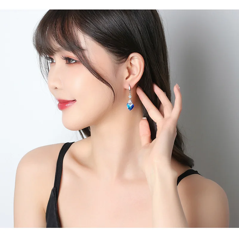 925 Sterling Silver Earrings Blue Crystal Heart-Shaped Zircon Earrings For A Woman'S Engagement Charm Jewelry Gift