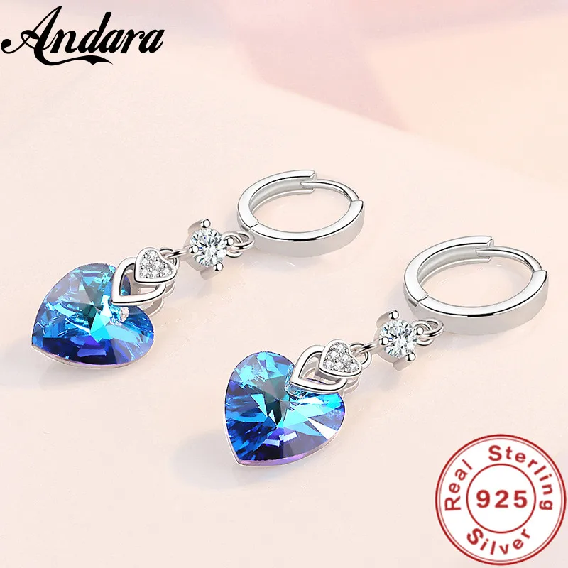 925 Sterling Silver Earrings Blue Crystal Heart-Shaped Zircon Earrings For A Woman'S Engagement Charm Jewelry Gift
