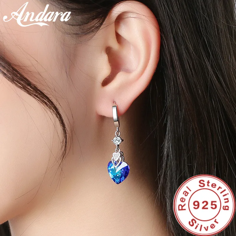 925 Sterling Silver Earrings Blue Crystal Heart-Shaped Zircon Earrings For A Woman'S Engagement Charm Jewelry Gift