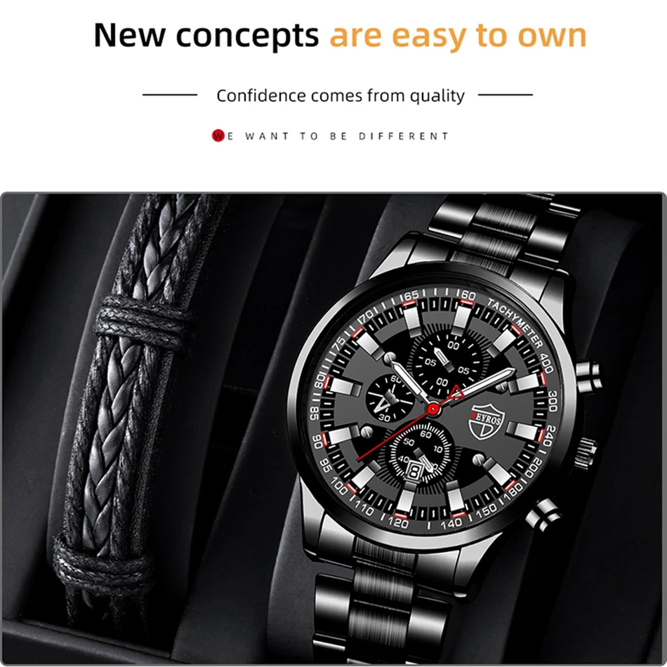 2023 Mens Watches Fashion Luxury Men Black Stainless Steel Quartz Wristwatch Man Business Casual Leather Watch relogio masculino
