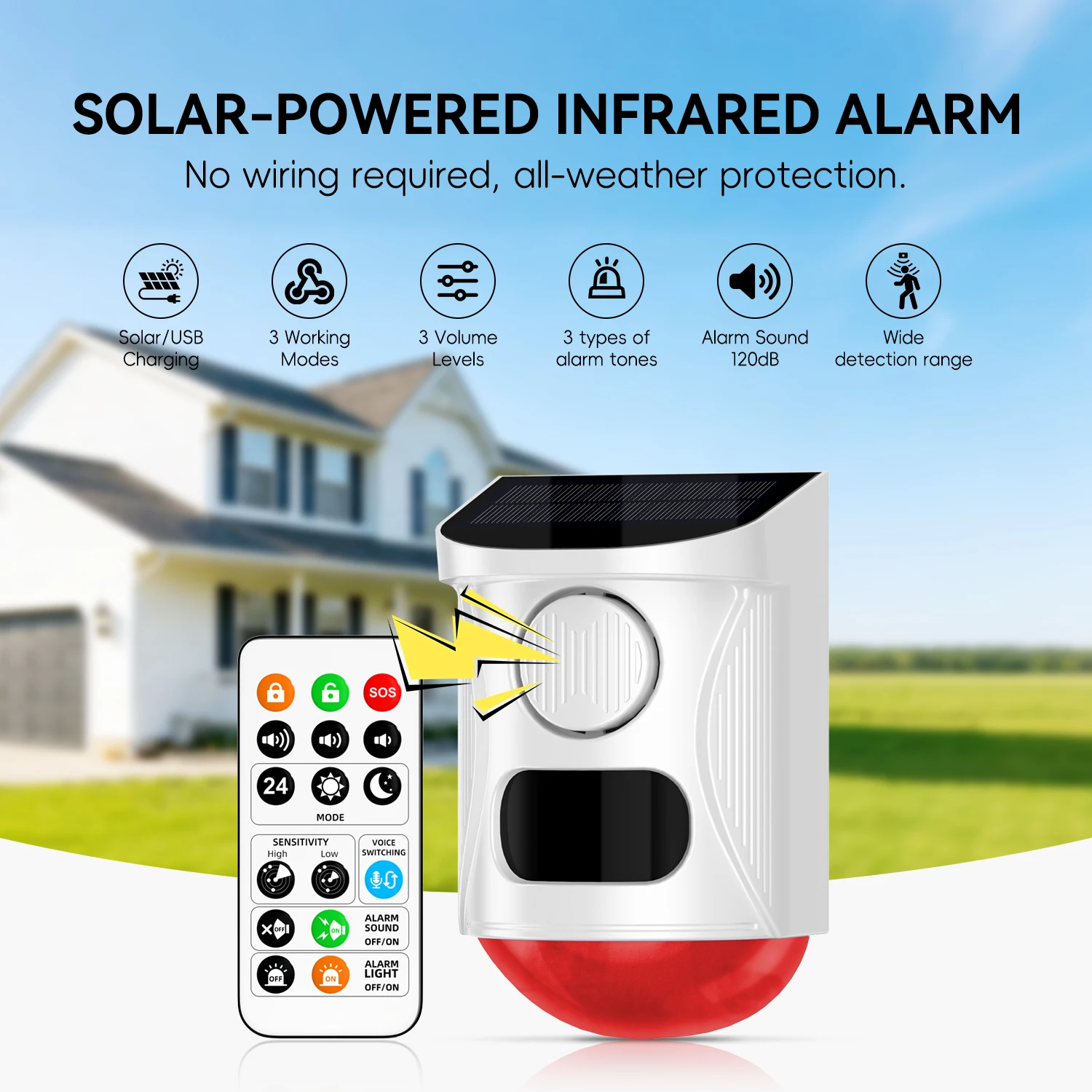 Tuya Smart WiFi Infrared Motion Detector Solar Outdoor PIR Wireless Strobe Siren Detector Sound Alarm Waterproof Remote Control