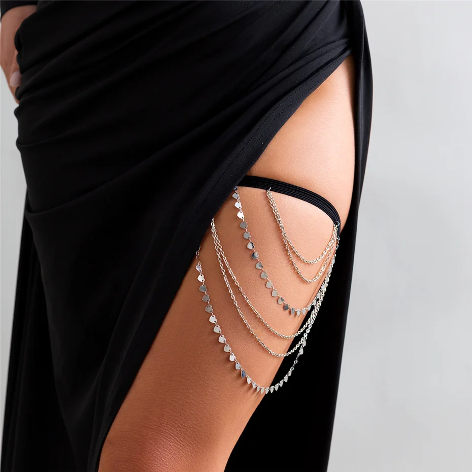 Boho Sexy Elastic Band Bandage Leg Thigh Chain for Women Bikini Summer Heart Tassel Pendant Multilayer Garter Belt Body Jewelry