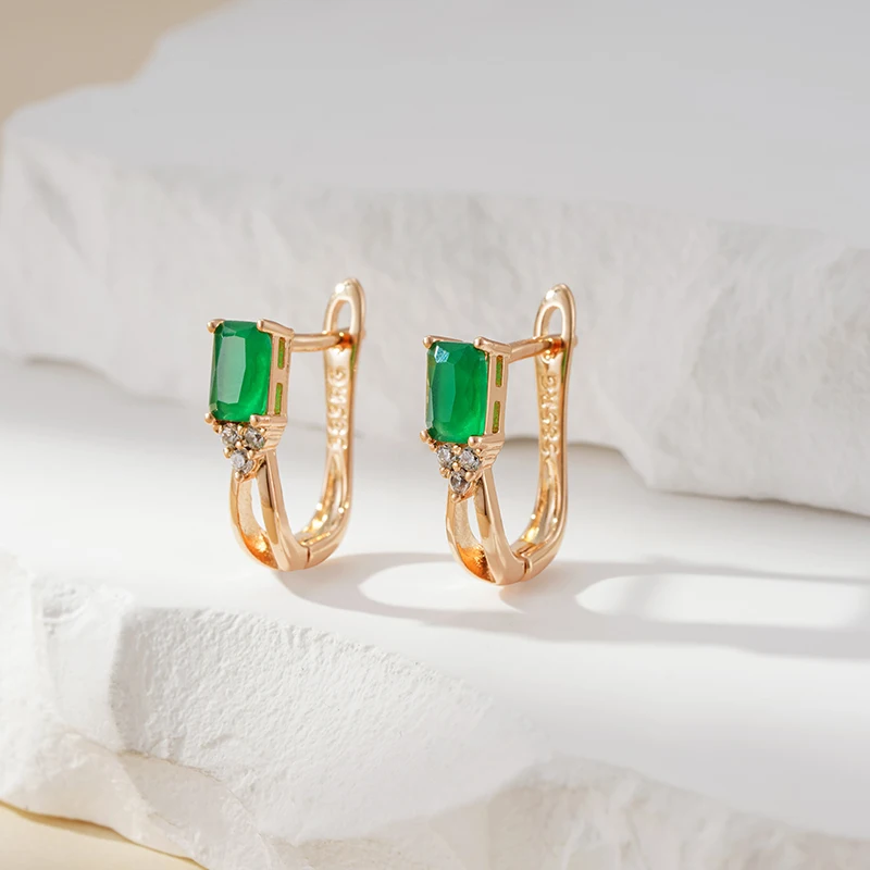 Kinel New Emerald Square Cut Zircon Drop Earrings for Women Luxury 585 Rose Gold Color High Quality Daily Fine Jewelry Best Gift