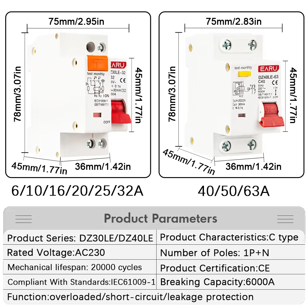 1P+N 230V DZ30L DZ40LE EPNL DPNL 6-63A Residual Current Circuit Breaker With Over And Short Current Leakage Protection RCBO MCB