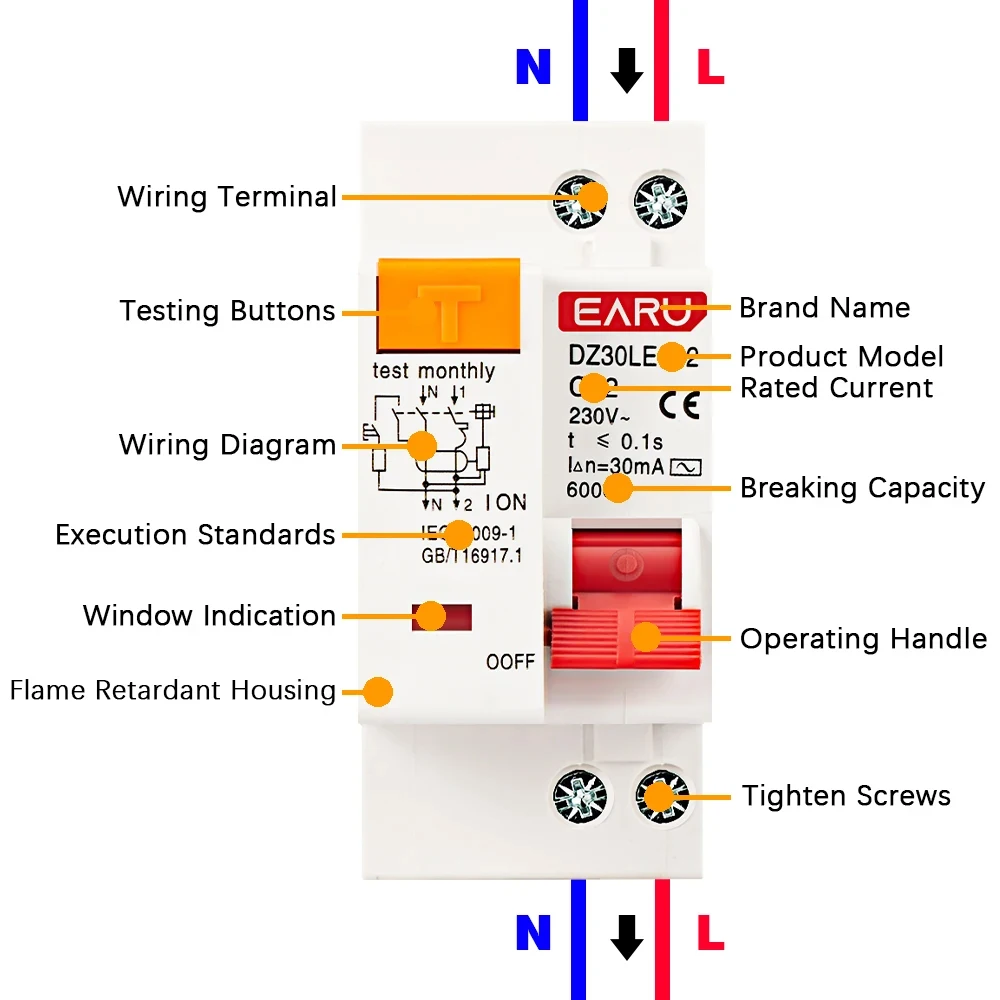 1P+N 230V DZ30L DZ40LE EPNL DPNL 6-63A Residual Current Circuit Breaker With Over And Short Current Leakage Protection RCBO MCB