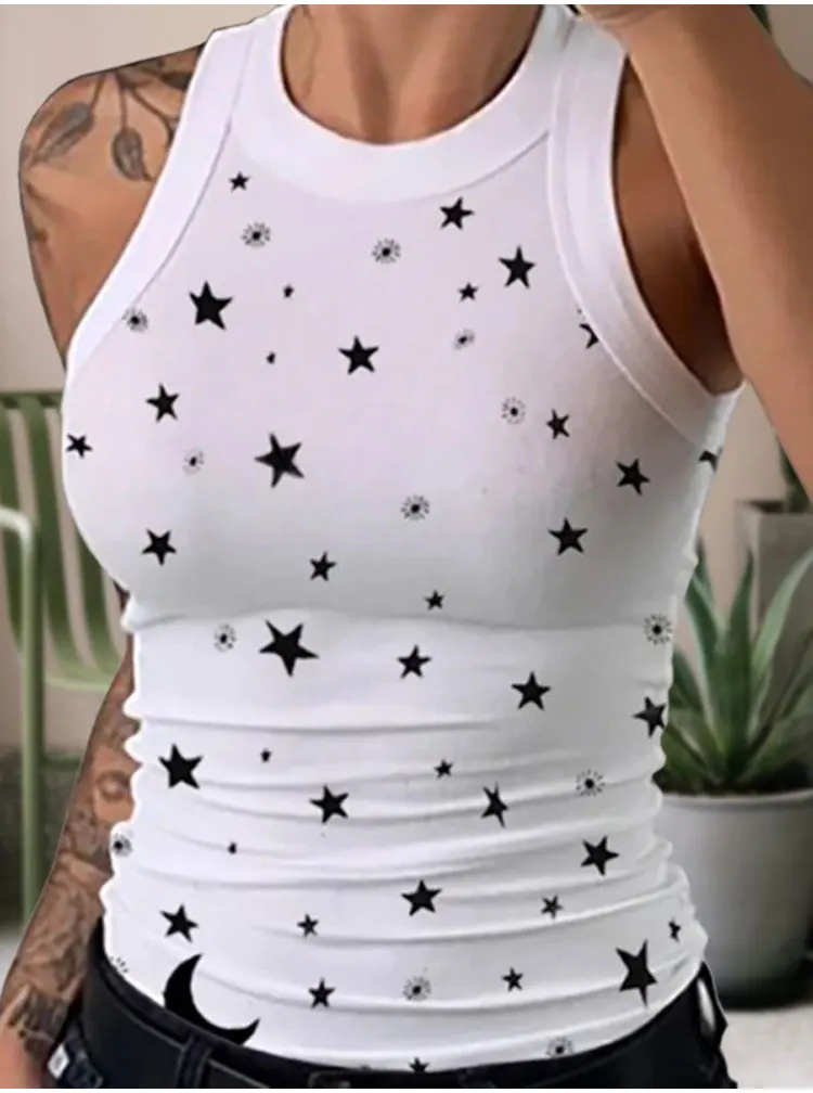 Summer Basic Elastic Tank Top Digital Printing T-shirt Women's O Neck Racerback Sexy Tank Top Stripe Print Sleeveless Tank Top