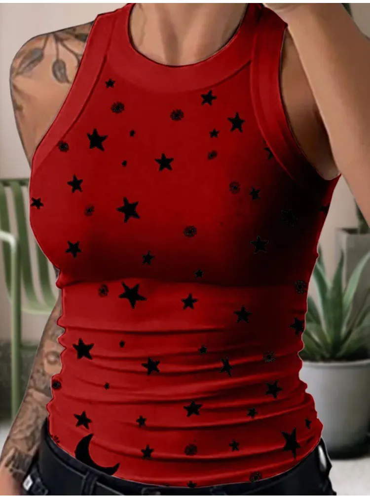 Summer Basic Elastic Tank Top Digital Printing T-shirt Women's O Neck Racerback Sexy Tank Top Stripe Print Sleeveless Tank Top