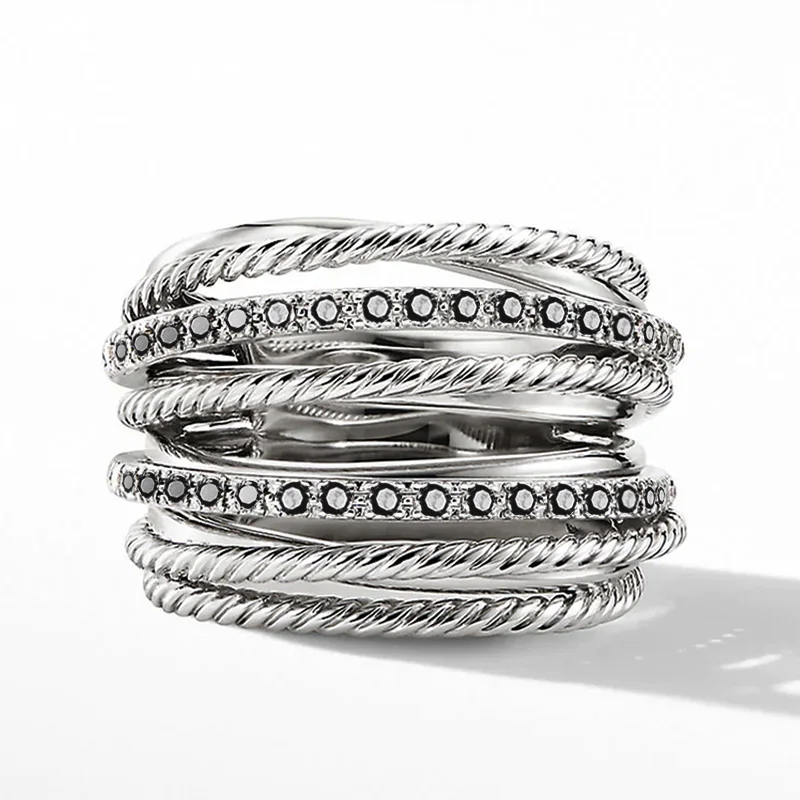 Huitan Silver Color Multiple Row Rings Shiny CZ Metallic OL Style Office Lady Versatile Finger Rings for Women Fashion Jewelry