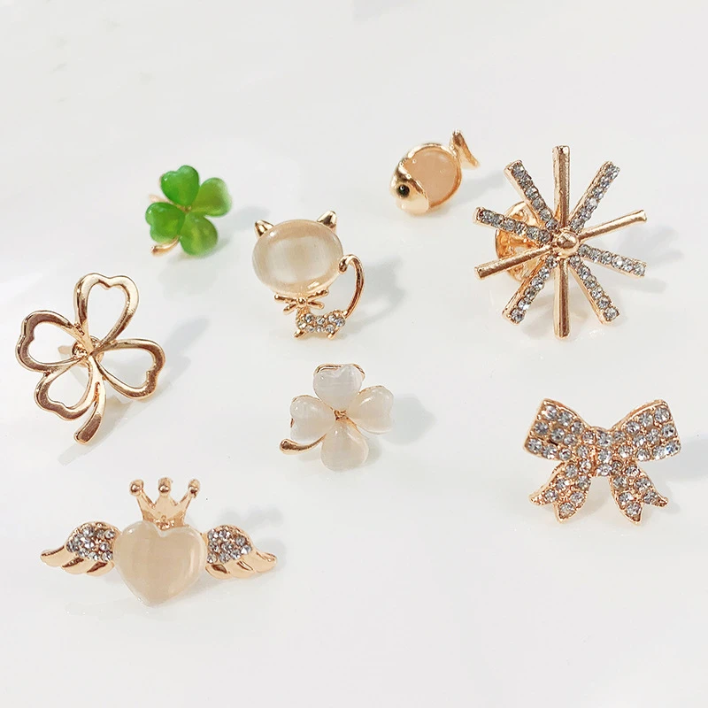 Exquisite Rhinestones Opal Four Leaf Clover Brooch Fashion Jewelry Accessories Trendy Fish Cat Wings Bow Lapel Pin Friends Gifts