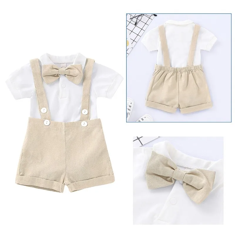 0-24 Months Newborn Baby Boy Gentlemen Clothes Set Bowtie Short Sleeve Cotton Romper+Suspender Pant Toddler Summer 2PCS Outfits