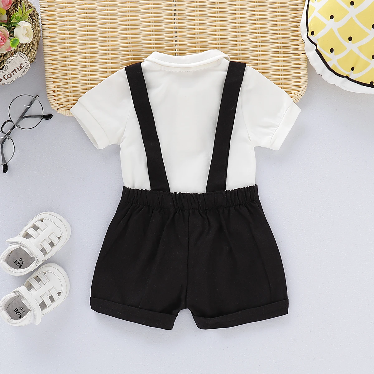 0-24 Months Newborn Baby Boy Gentlemen Clothes Set Bowtie Short Sleeve Cotton Romper+Suspender Pant Toddler Summer 2PCS Outfits