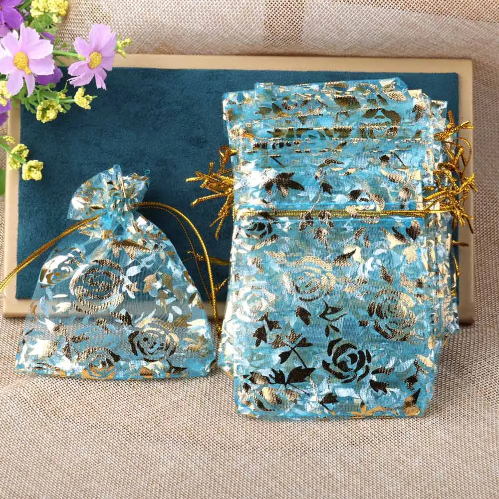 25/50/100pcs/lot Drawstring Organza Gift Bag Hot Gold Color Rose Print Pouches Wedding Christmas Party Candy Jewelry Packing