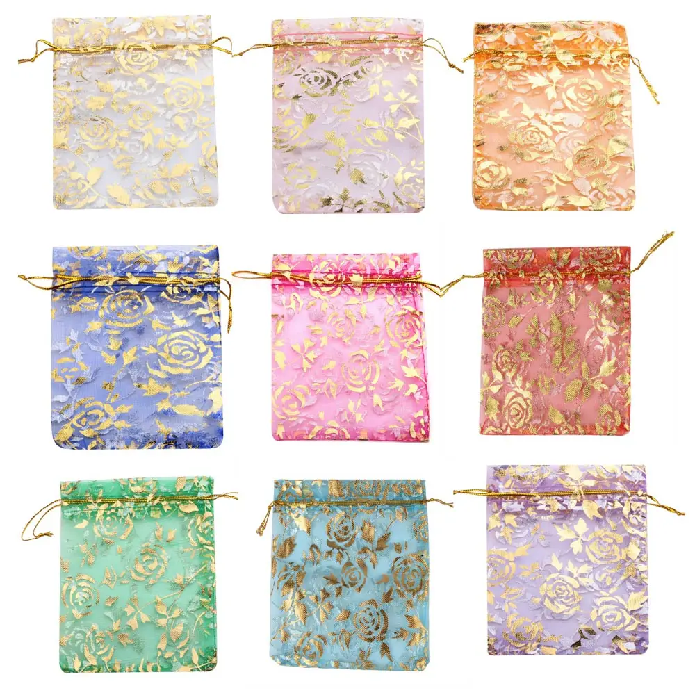 25/50/100pcs/lot Drawstring Organza Gift Bag Hot Gold Color Rose Print Pouches Wedding Christmas Party Candy Jewelry Packing