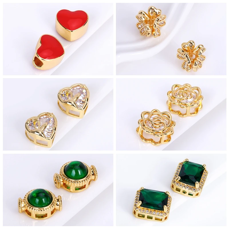 18K Gold Plated 2/3 Holes Pearl Jewelry Spacers Fittings,Beads Separator,Brass Inlaid Zircon Beading Components,DIY Accessories