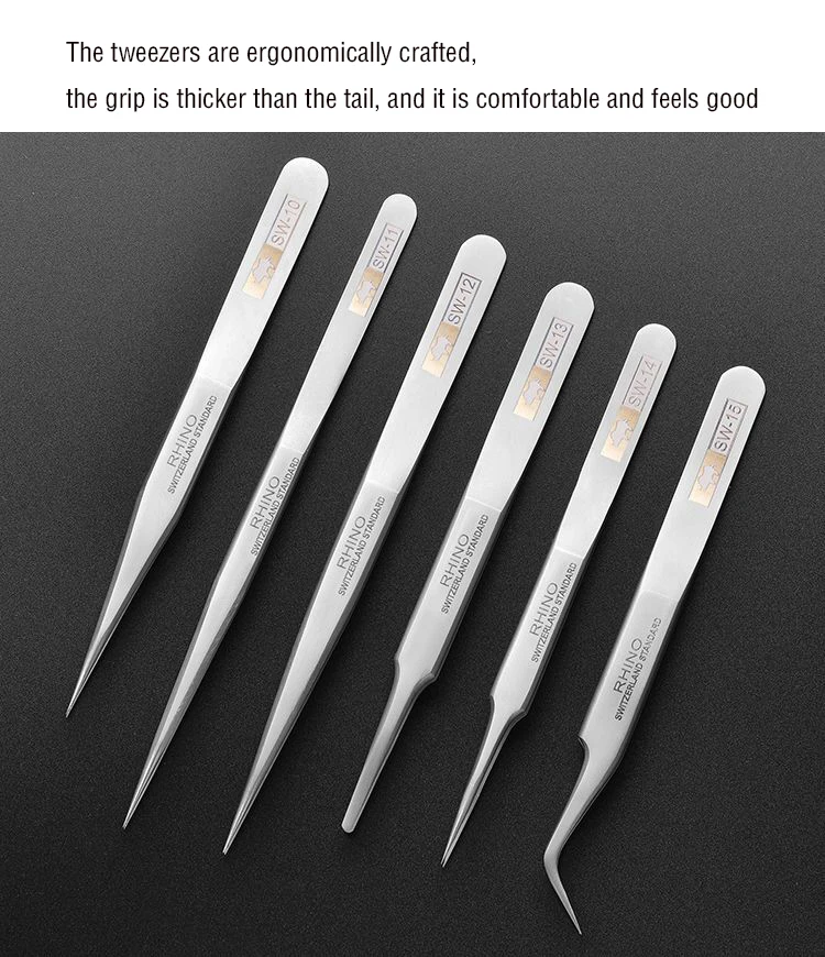 Japanese Rhino SW Series Tweezers Anti-Magnetic Anti-Acid Frosted Precision Straight Elbow Forceps