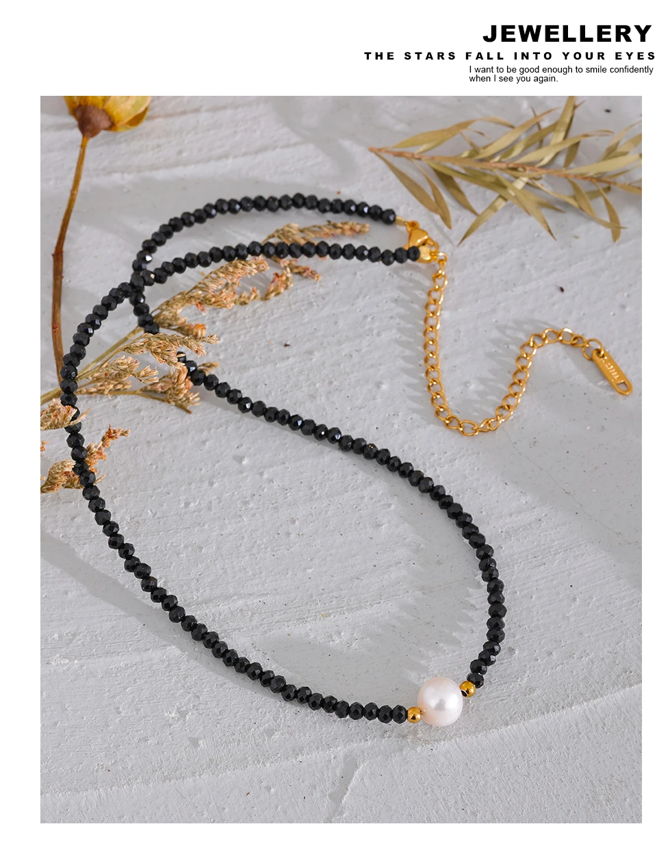 Yhpup Black Crystal Beads Chain Stainless Steel Natural Pearl Collar Necklace for Women Handmade Trade Trendy Simple Jewelry