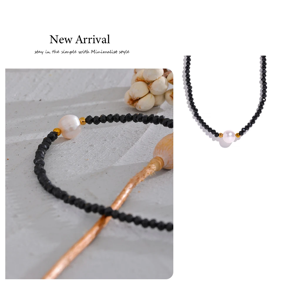 Yhpup Black Crystal Beads Chain Stainless Steel Natural Pearl Collar Necklace for Women Handmade Trade Trendy Simple Jewelry