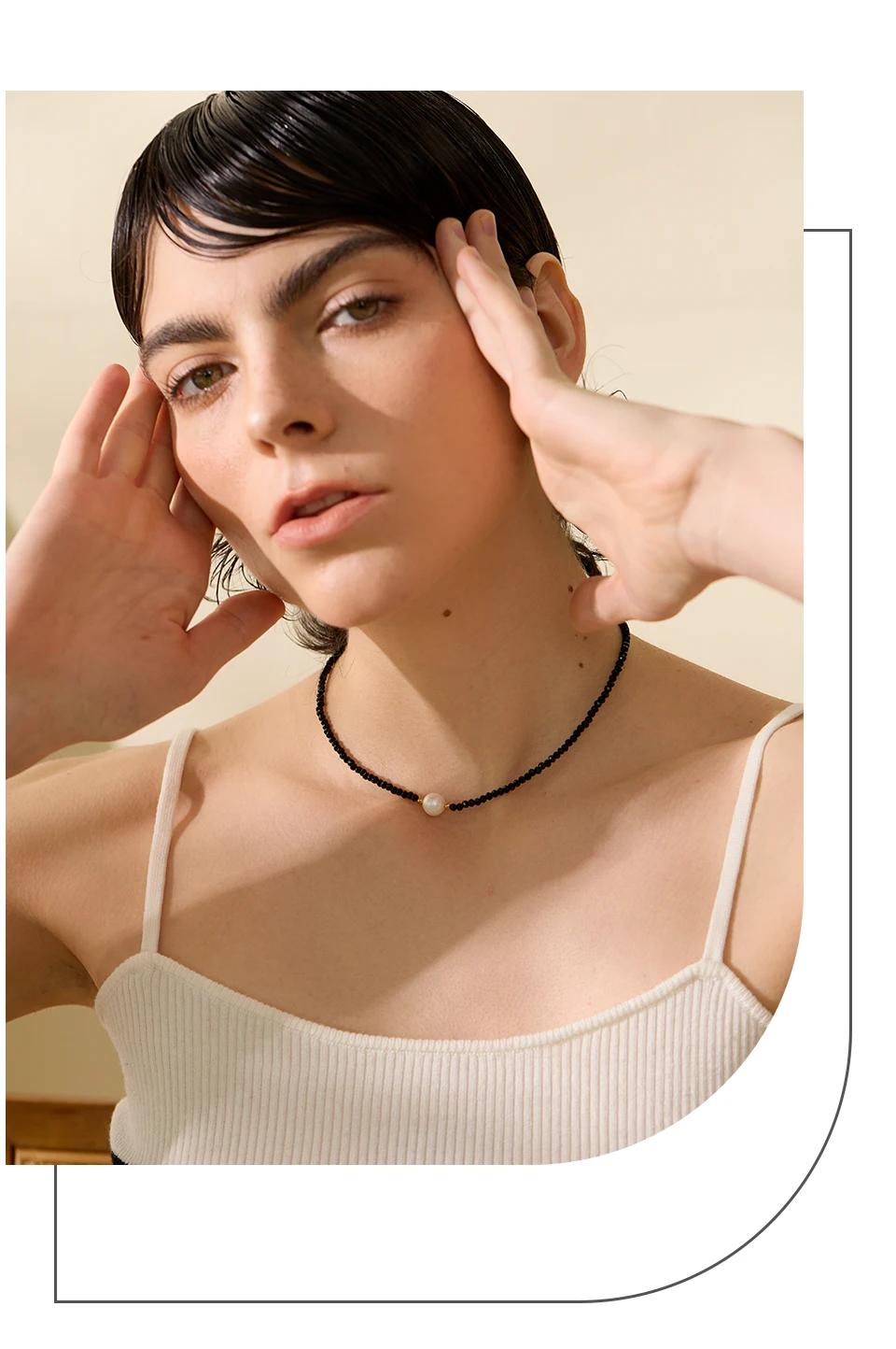 Yhpup Black Crystal Beads Chain Stainless Steel Natural Pearl Collar Necklace for Women Handmade Trade Trendy Simple Jewelry