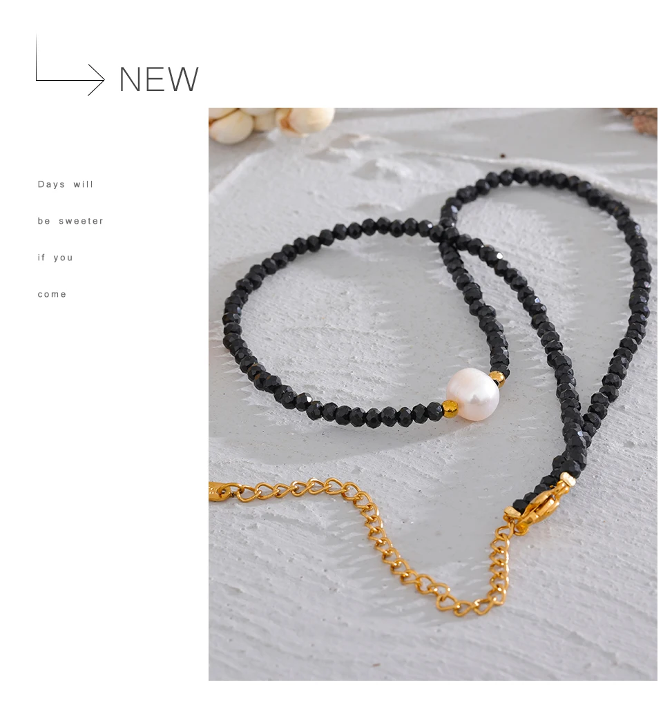 Yhpup Black Crystal Beads Chain Stainless Steel Natural Pearl Collar Necklace for Women Handmade Trade Trendy Simple Jewelry
