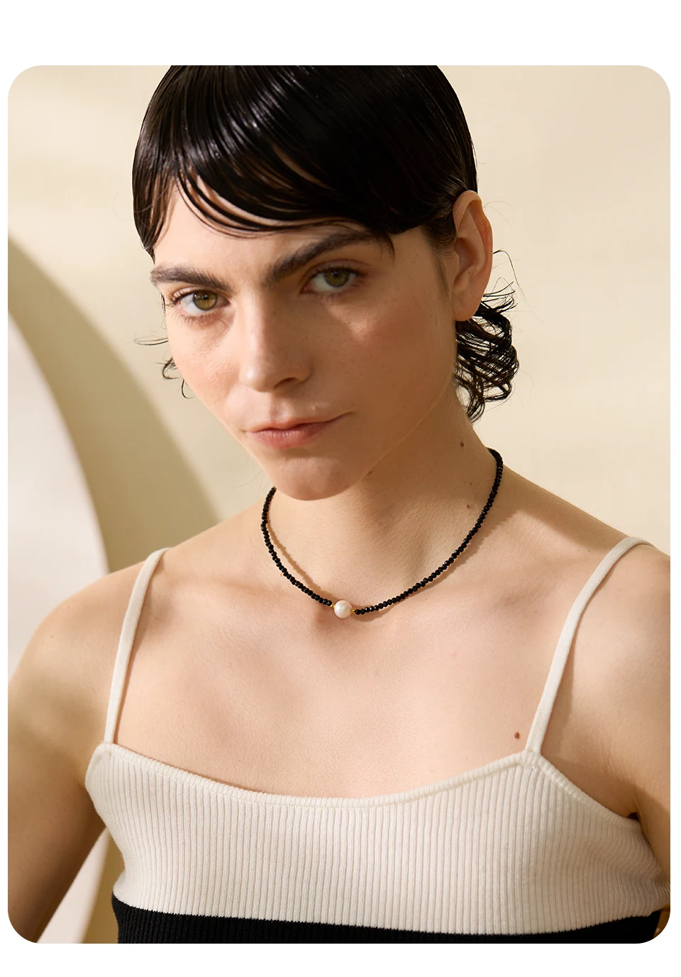 Yhpup Black Crystal Beads Chain Stainless Steel Natural Pearl Collar Necklace for Women Handmade Trade Trendy Simple Jewelry
