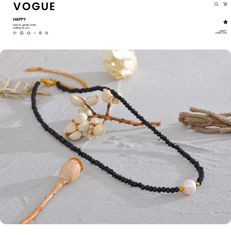 Yhpup Black Crystal Beads Chain Stainless Steel Natural Pearl Collar Necklace for Women Handmade Trade Trendy Simple Jewelry