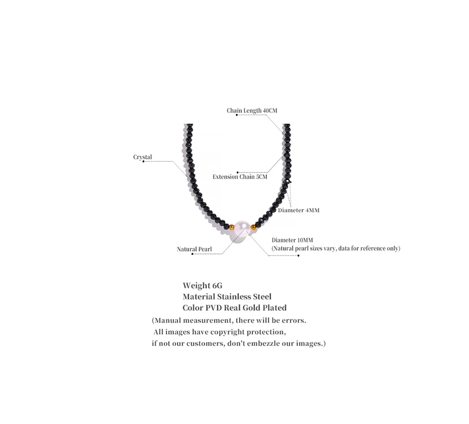 Yhpup Black Crystal Beads Chain Stainless Steel Natural Pearl Collar Necklace for Women Handmade Trade Trendy Simple Jewelry