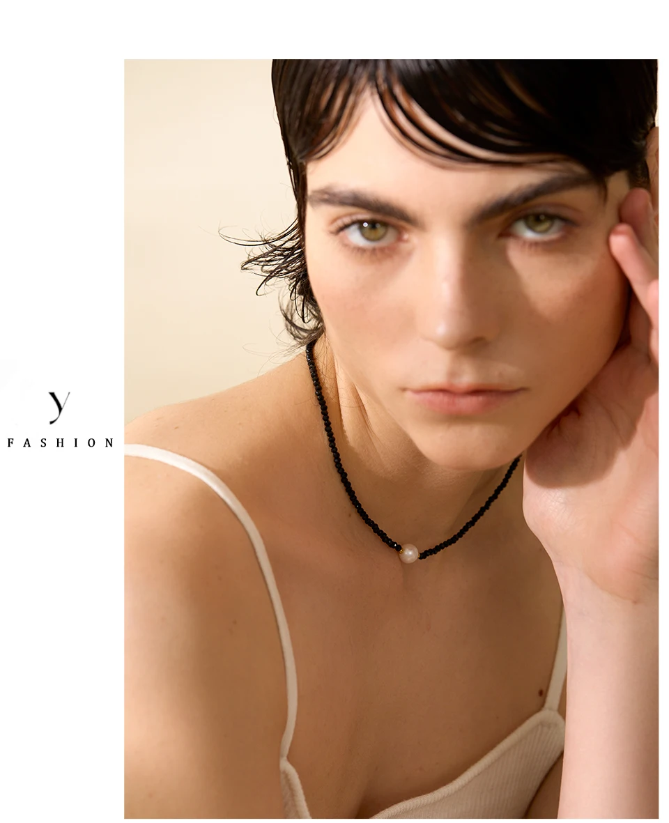 Yhpup Black Crystal Beads Chain Stainless Steel Natural Pearl Collar Necklace for Women Handmade Trade Trendy Simple Jewelry