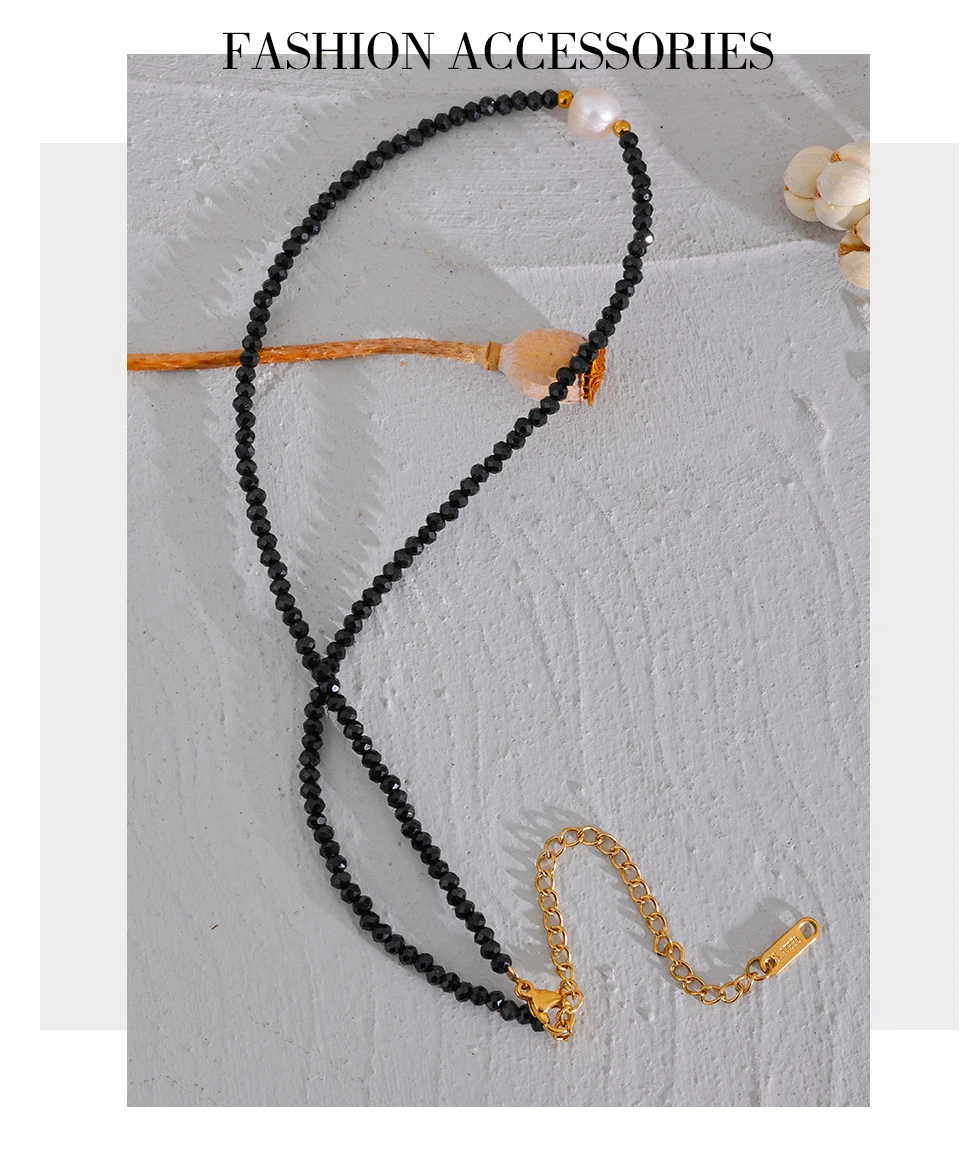 Yhpup Black Crystal Beads Chain Stainless Steel Natural Pearl Collar Necklace for Women Handmade Trade Trendy Simple Jewelry