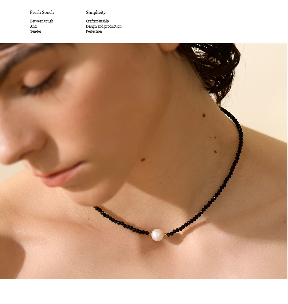 Yhpup Black Crystal Beads Chain Stainless Steel Natural Pearl Collar Necklace for Women Handmade Trade Trendy Simple Jewelry