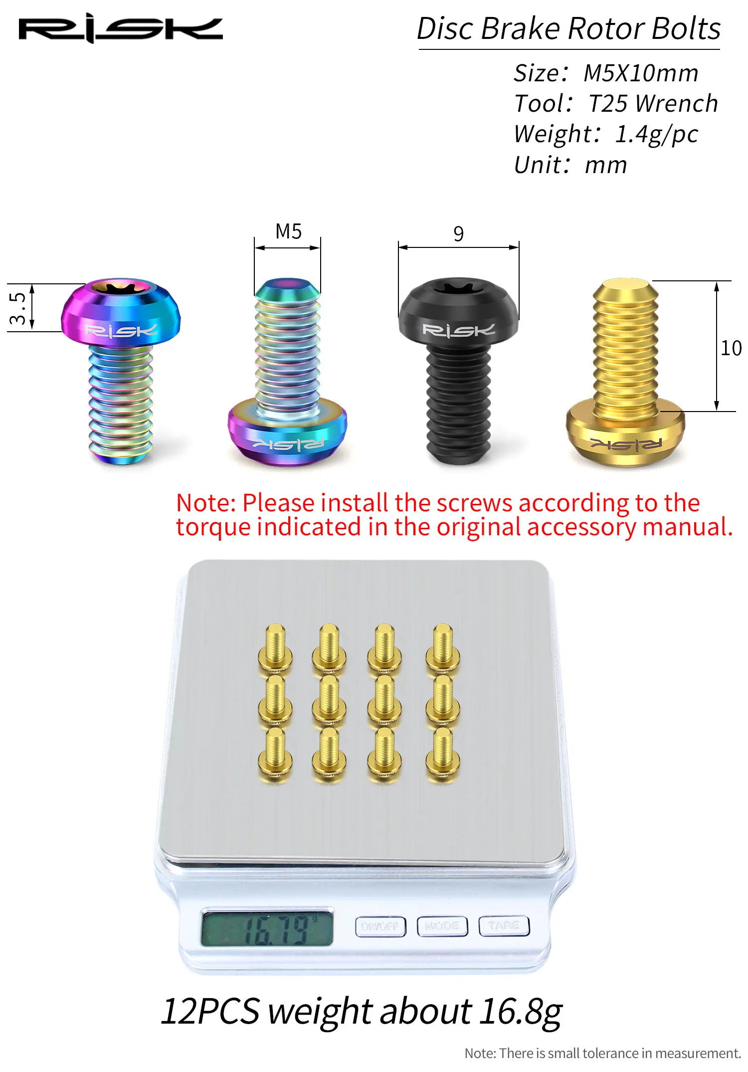 RISK 12pcs/bag Mountain Road Bike Bicycle TC4 Titanium M5X10mm Disc Brake Rotor Fixing Bolts Screws T25 Torx Round Head