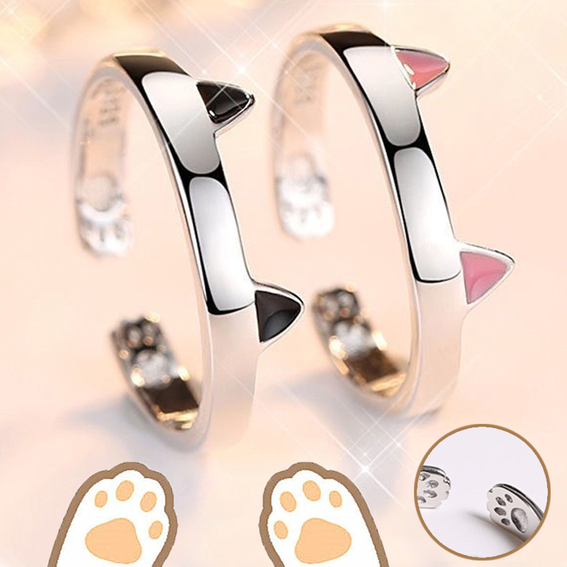 2pcs Y2K Cute Cat Paw Print Ring Women Girls Adjustable Cat Ears Paw Animal Finger Ring Couple Cartoon Little Gift Jewelry