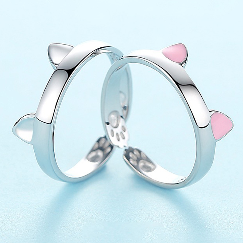 2pcs Y2K Cute Cat Paw Print Ring Women Girls Adjustable Cat Ears Paw Animal Finger Ring Couple Cartoon Little Gift Jewelry