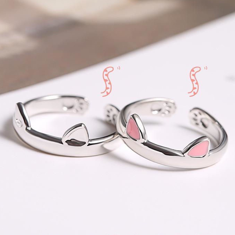 2pcs Y2K Cute Cat Paw Print Ring Women Girls Adjustable Cat Ears Paw Animal Finger Ring Couple Cartoon Little Gift Jewelry
