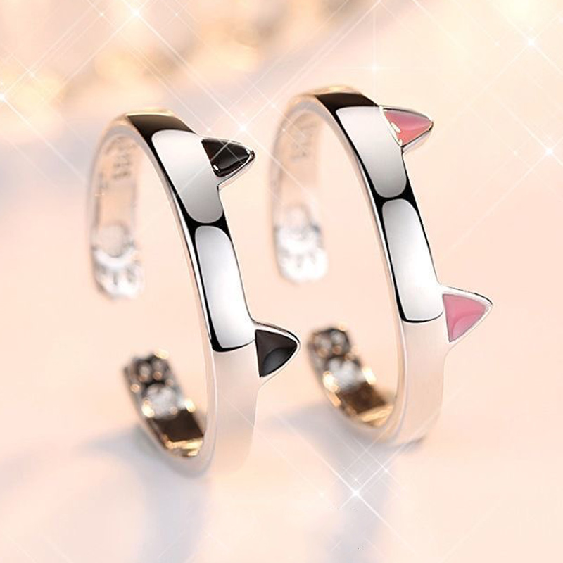 2pcs Y2K Cute Cat Paw Print Ring Women Girls Adjustable Cat Ears Paw Animal Finger Ring Couple Cartoon Little Gift Jewelry