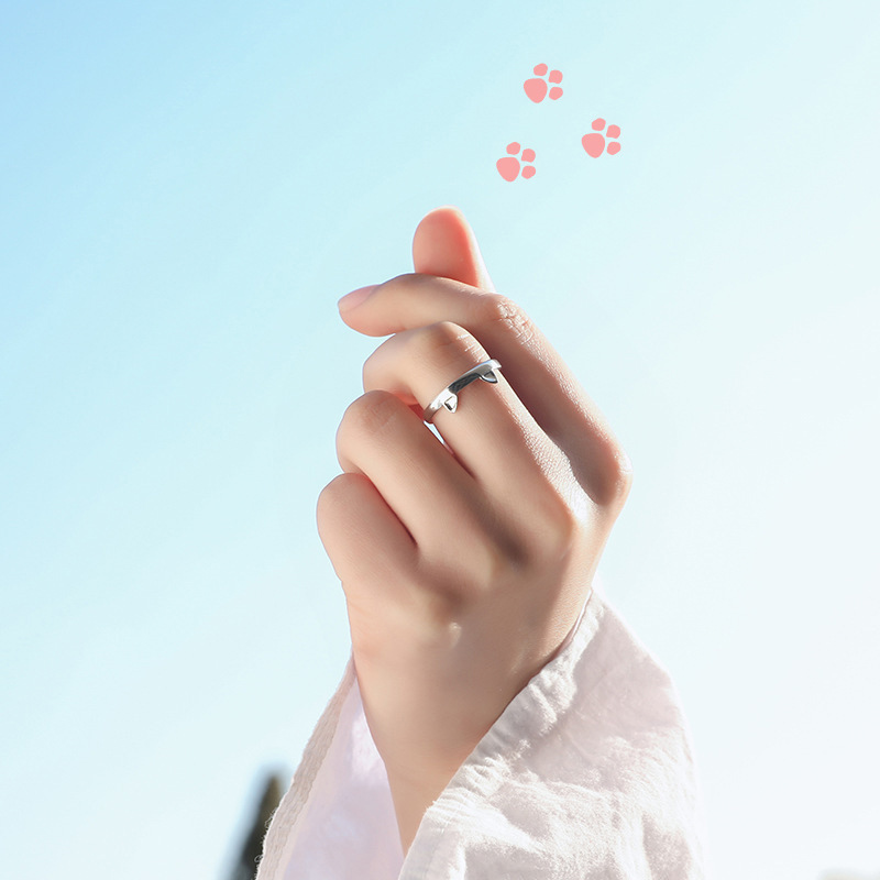 2pcs Y2K Cute Cat Paw Print Ring Women Girls Adjustable Cat Ears Paw Animal Finger Ring Couple Cartoon Little Gift Jewelry