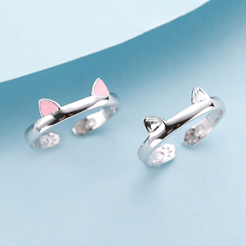 2pcs Y2K Cute Cat Paw Print Ring Women Girls Adjustable Cat Ears Paw Animal Finger Ring Couple Cartoon Little Gift Jewelry