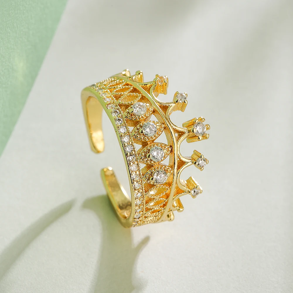 NEWBUY 2025 Trendy Gold Color Crown Charm Finger Rings Open Design Adjustable Shiny CZ Zircon Wedding Jewelry Female