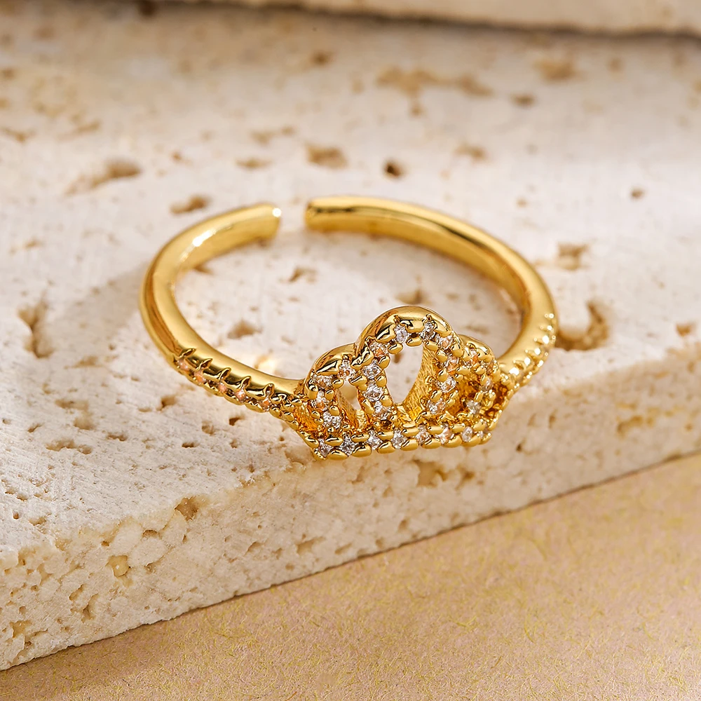 NEWBUY 2025 Trendy Gold Color Crown Charm Finger Rings Open Design Adjustable Shiny CZ Zircon Wedding Jewelry Female
