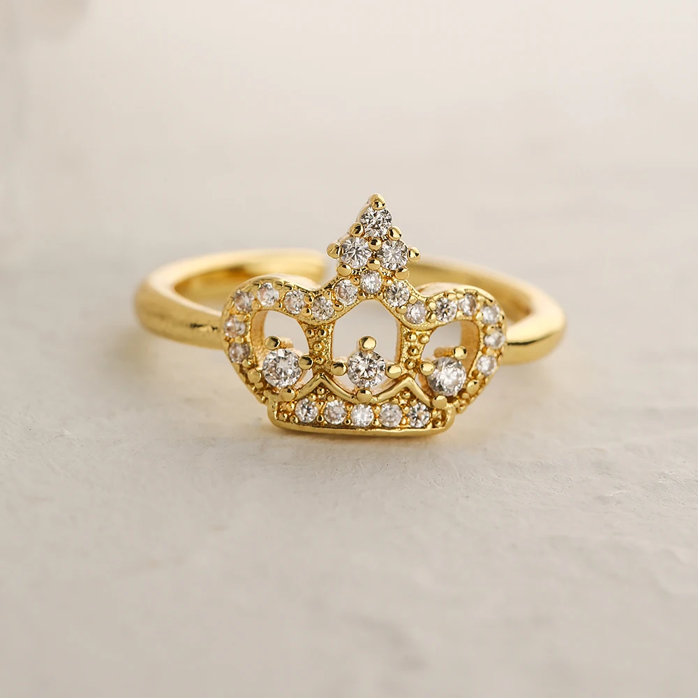 NEWBUY 2025 Trendy Gold Color Crown Charm Finger Rings Open Design Adjustable Shiny CZ Zircon Wedding Jewelry Female
