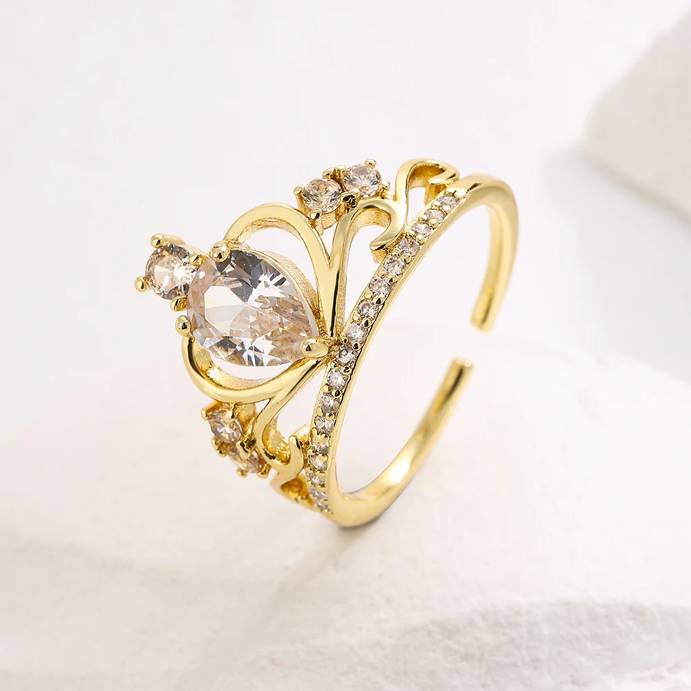 NEWBUY 2025 Trendy Gold Color Crown Charm Finger Rings Open Design Adjustable Shiny CZ Zircon Wedding Jewelry Female