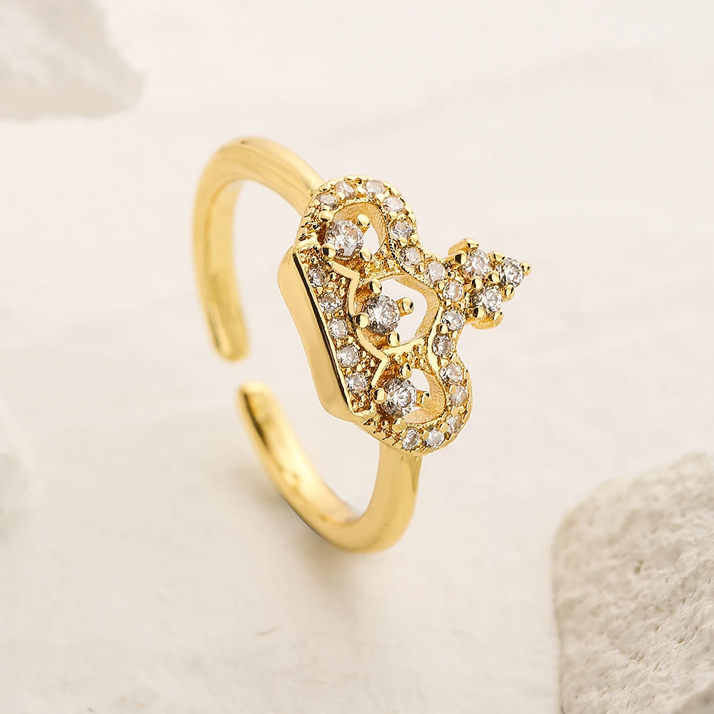 NEWBUY 2025 Trendy Gold Color Crown Charm Finger Rings Open Design Adjustable Shiny CZ Zircon Wedding Jewelry Female