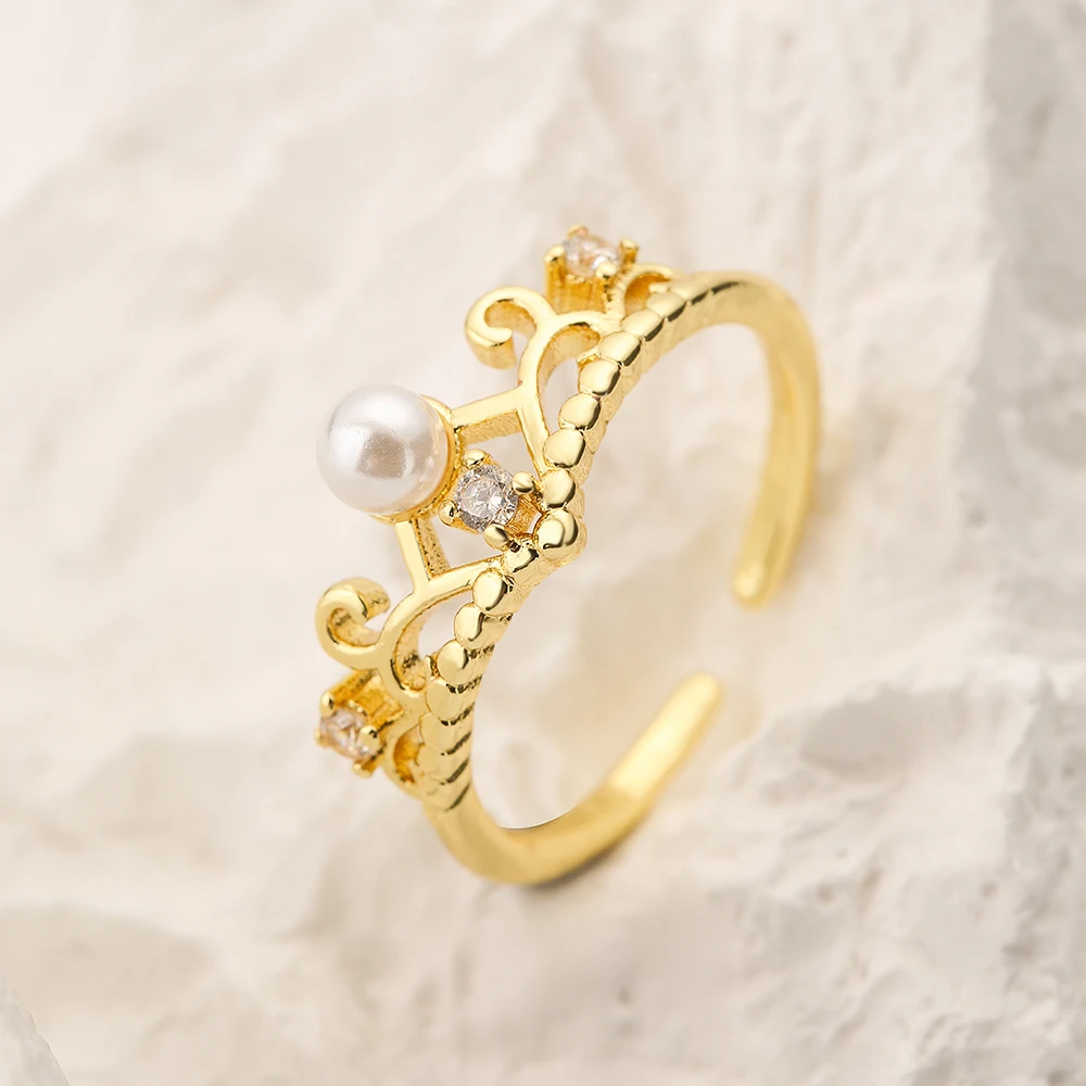 NEWBUY 2025 Trendy Gold Color Crown Charm Finger Rings Open Design Adjustable Shiny CZ Zircon Wedding Jewelry Female