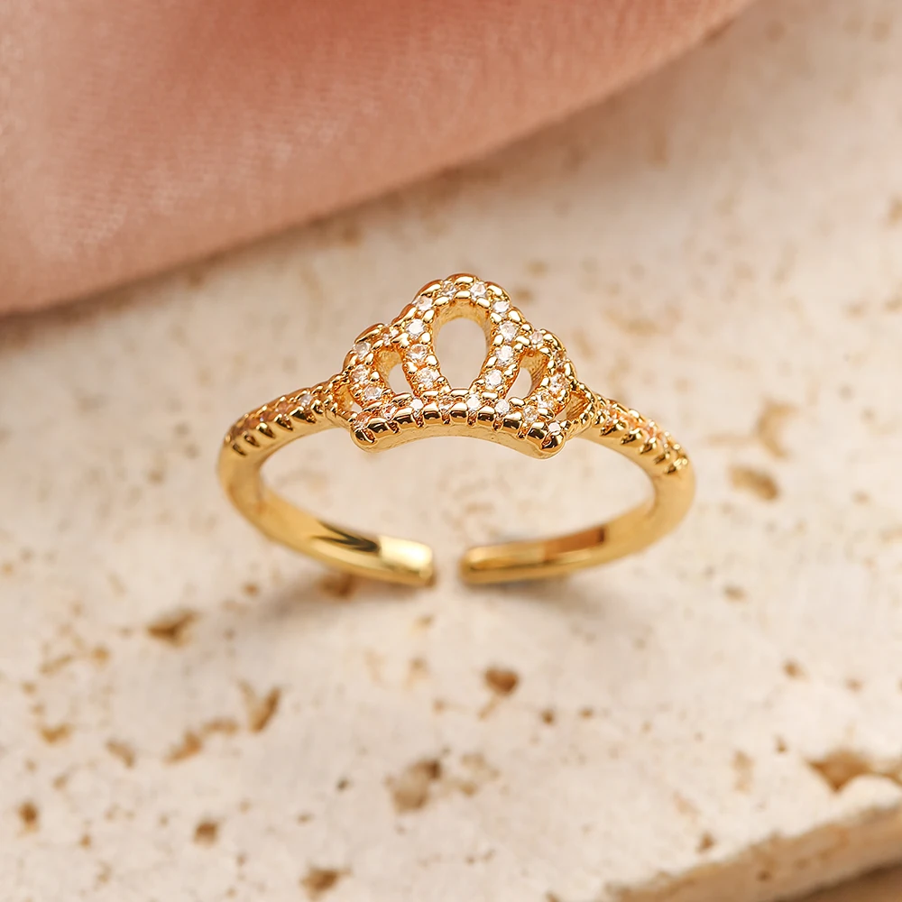 NEWBUY 2025 Trendy Gold Color Crown Charm Finger Rings Open Design Adjustable Shiny CZ Zircon Wedding Jewelry Female