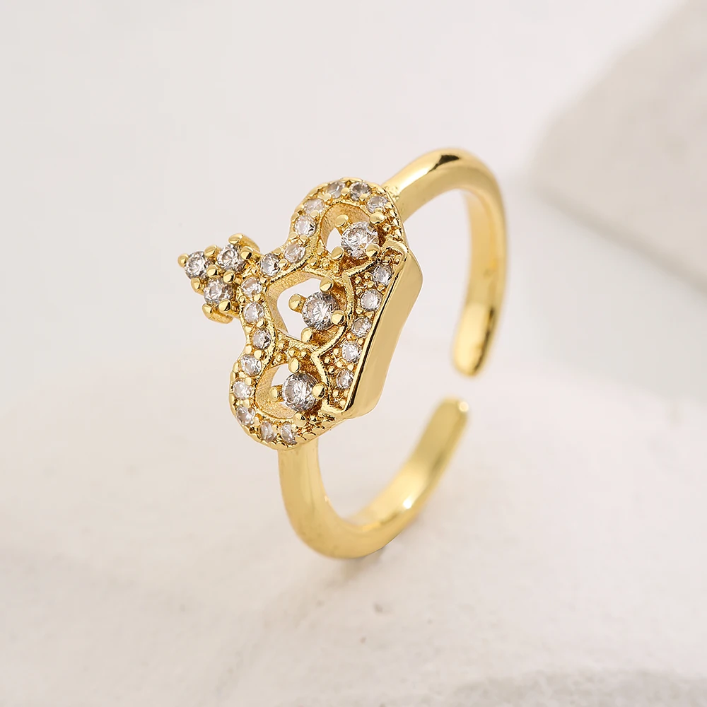 NEWBUY 2025 Trendy Gold Color Crown Charm Finger Rings Open Design Adjustable Shiny CZ Zircon Wedding Jewelry Female