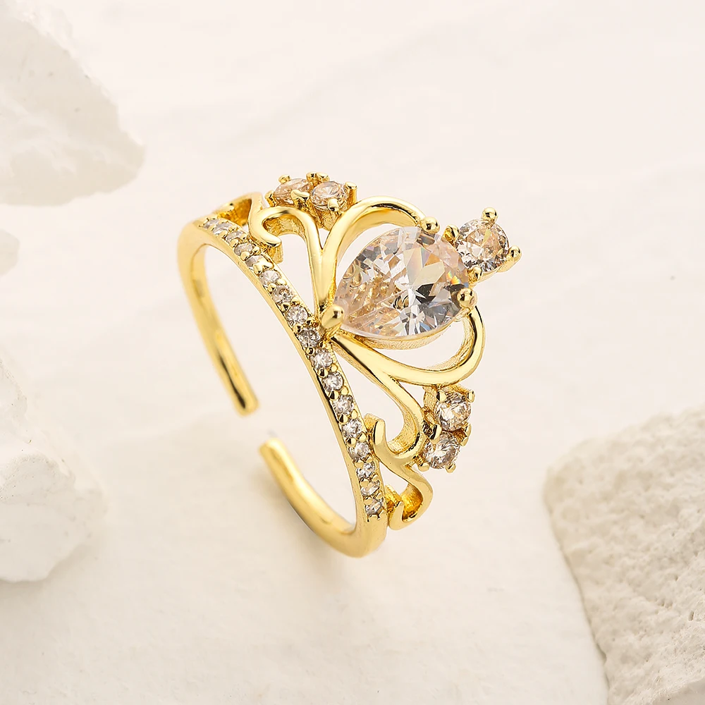 NEWBUY 2025 Trendy Gold Color Crown Charm Finger Rings Open Design Adjustable Shiny CZ Zircon Wedding Jewelry Female