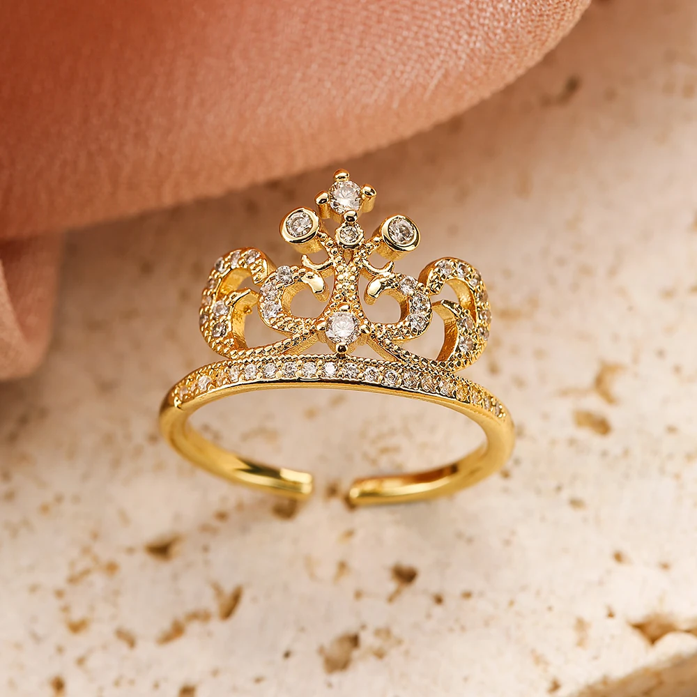 NEWBUY 2025 Trendy Gold Color Crown Charm Finger Rings Open Design Adjustable Shiny CZ Zircon Wedding Jewelry Female