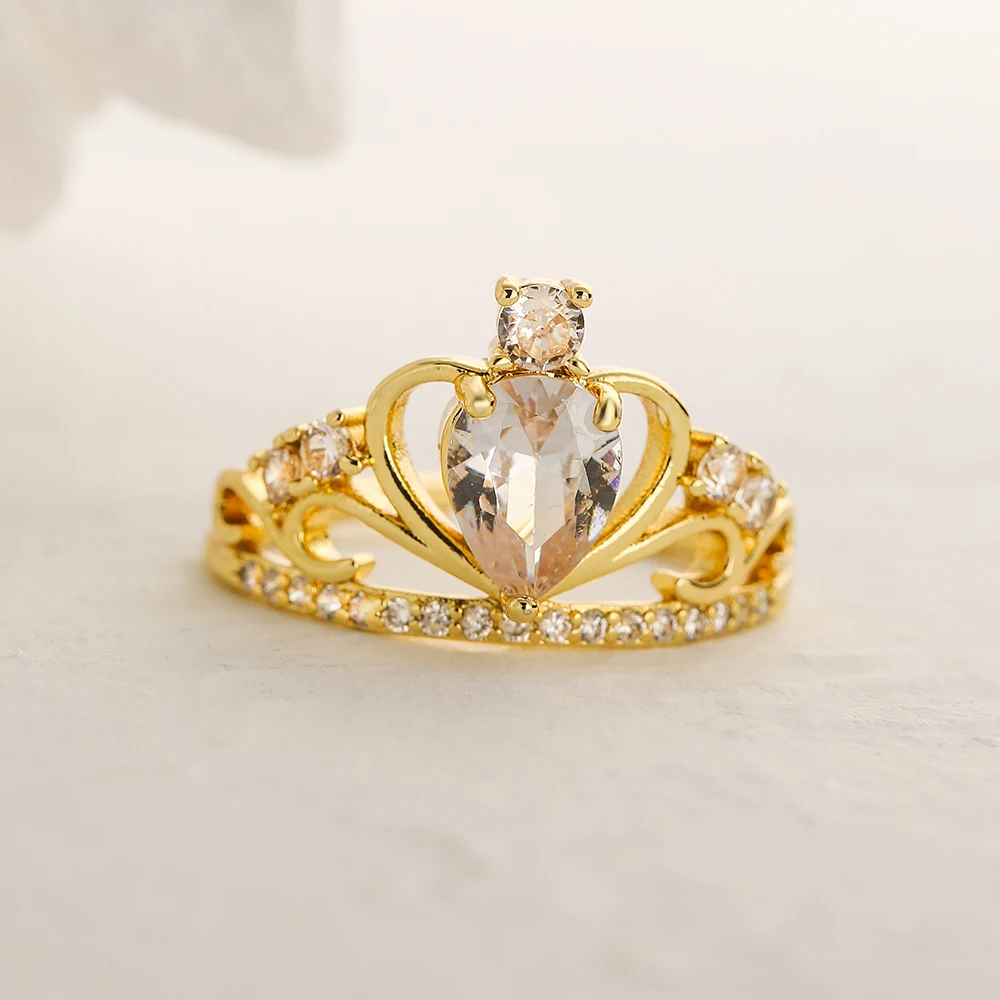 NEWBUY 2025 Trendy Gold Color Crown Charm Finger Rings Open Design Adjustable Shiny CZ Zircon Wedding Jewelry Female
